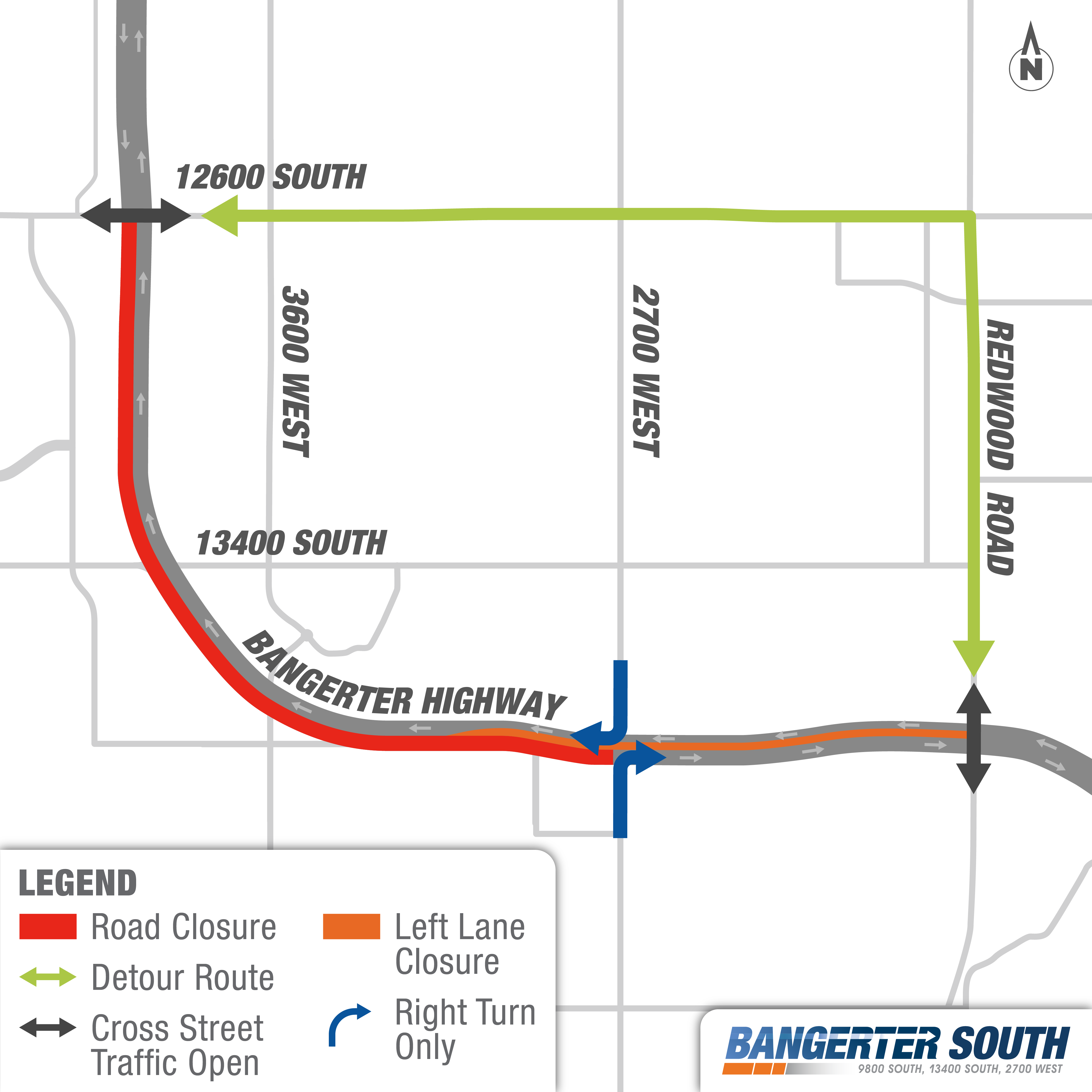 UDOT Map of Detour for 12600 South, arrows showing the closure