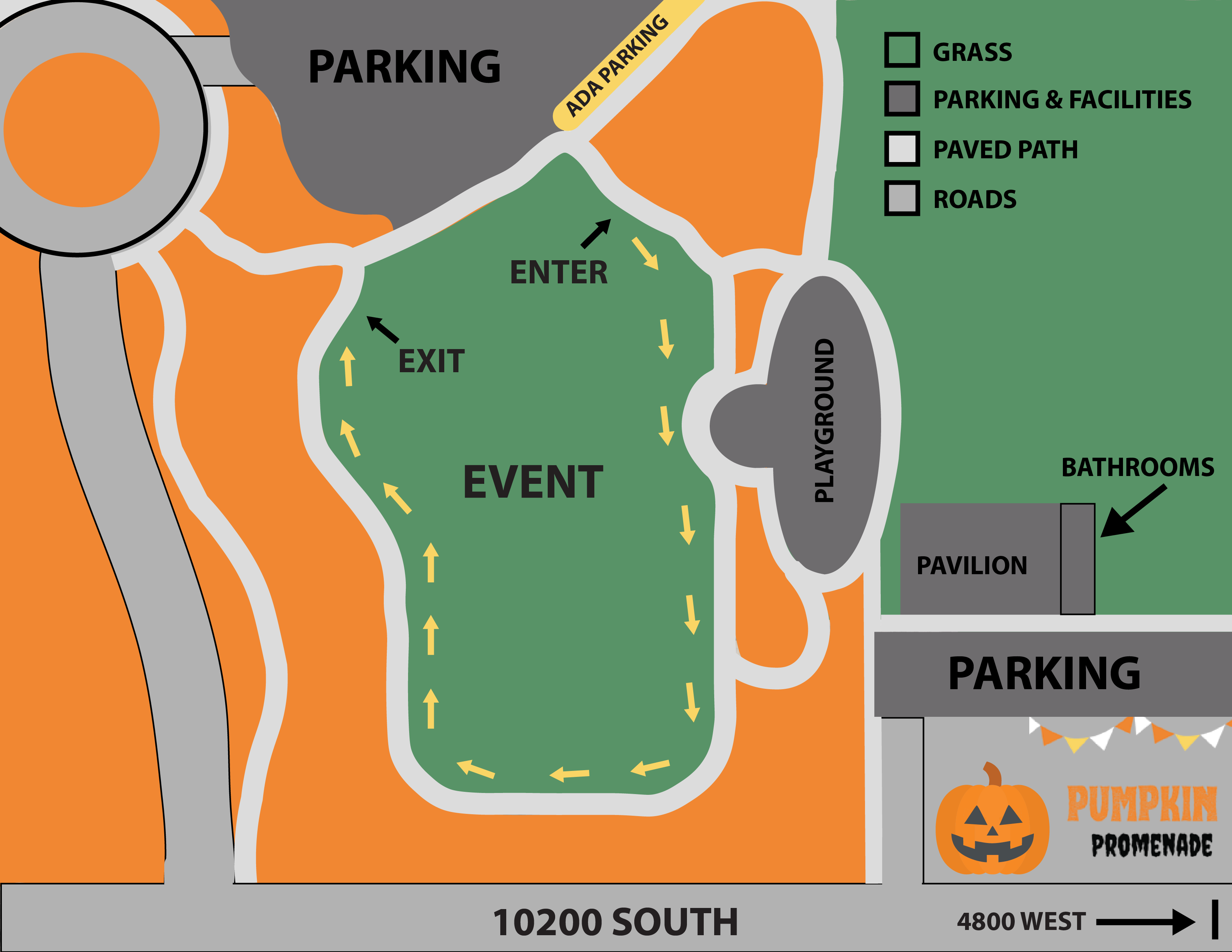 Pumpkin Promenade Event Map, orange, green, parking, walking path